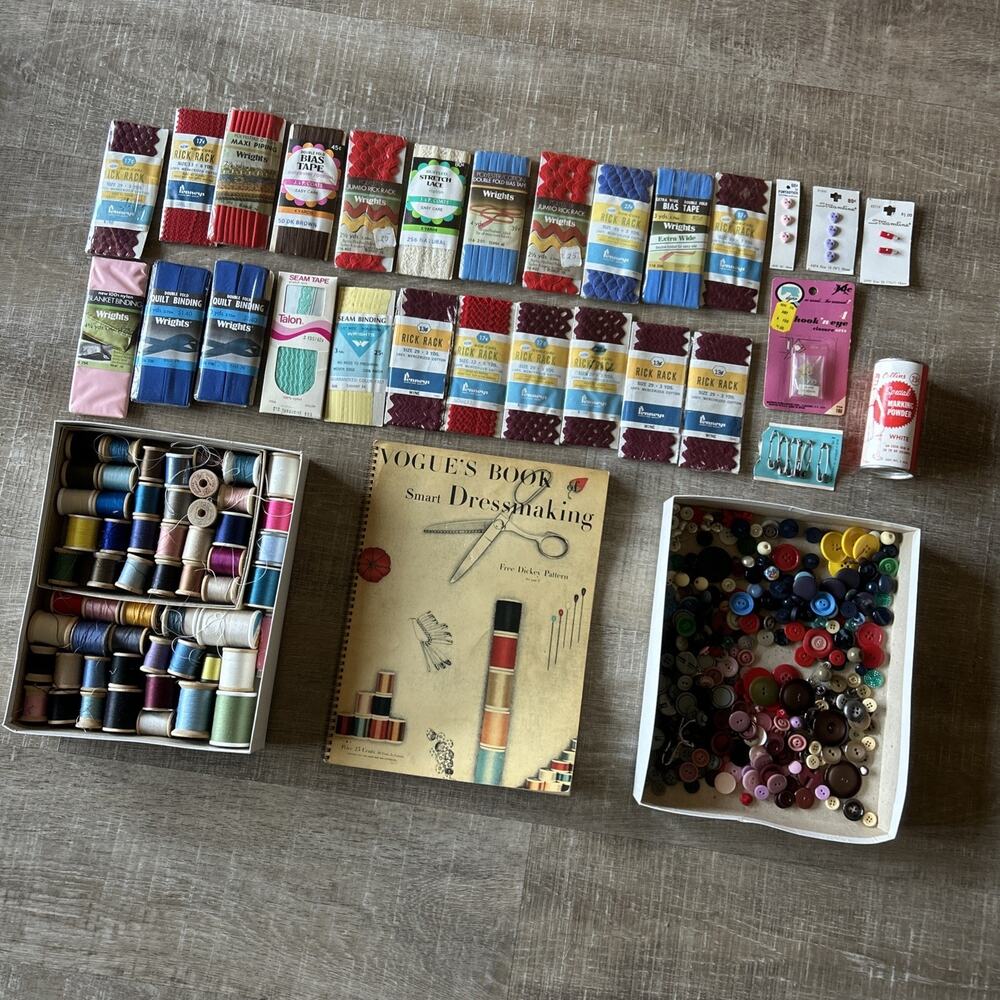 Huge Vintage Sewing Notions Lot Buttons Thread Piping Trim Vogue Dressmaker Book